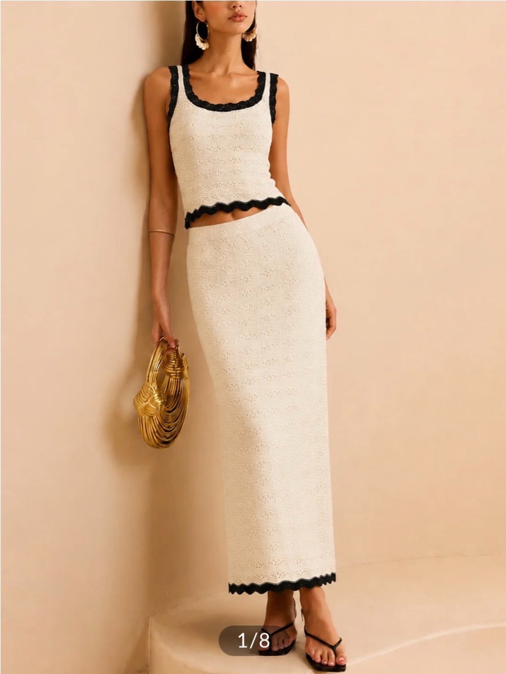 Commense Contrast Trim Crochet Knit Top & Midi Skirt Set Size Small